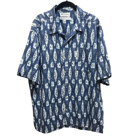 Columbia Mens Blue Southwest Aztec Short Sleeve Button Up Pocket Shirt Sz L - Picture 1 of 11